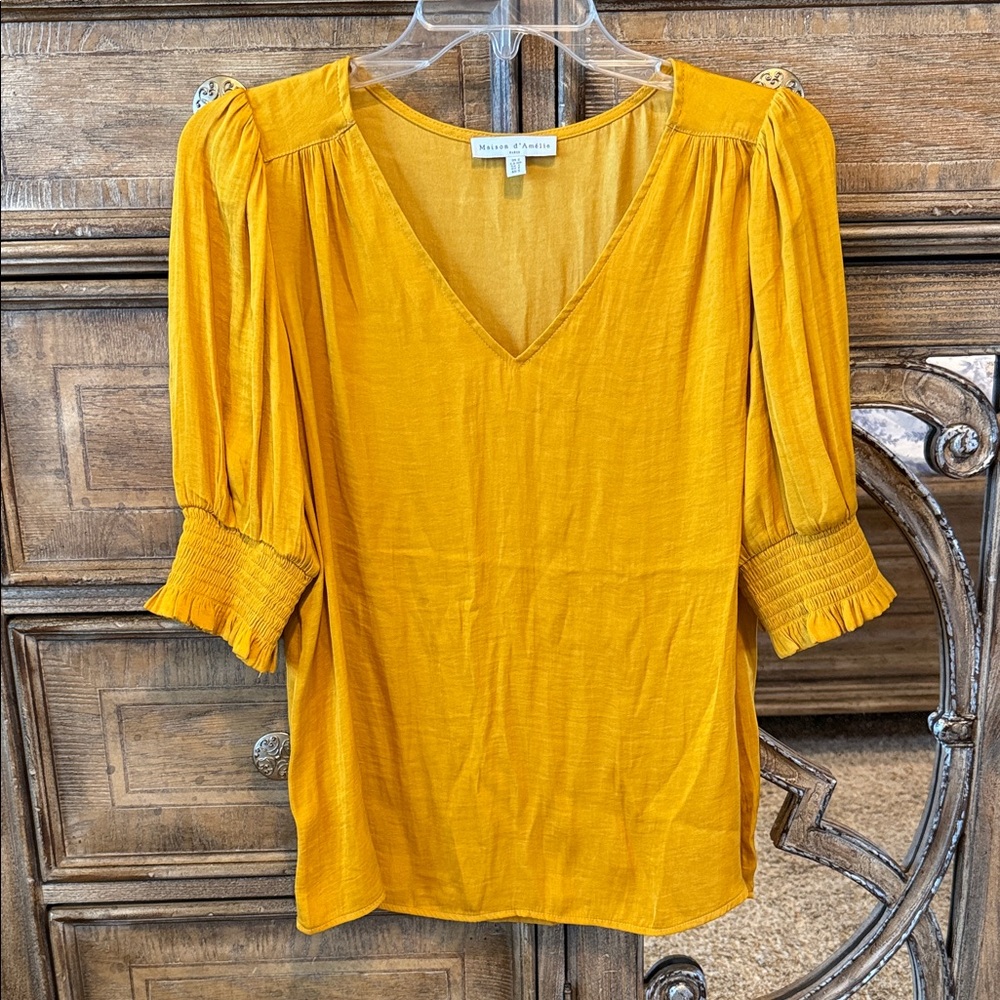 Maison d’Amelie smocked short sleeve blouse golden mustard yellow